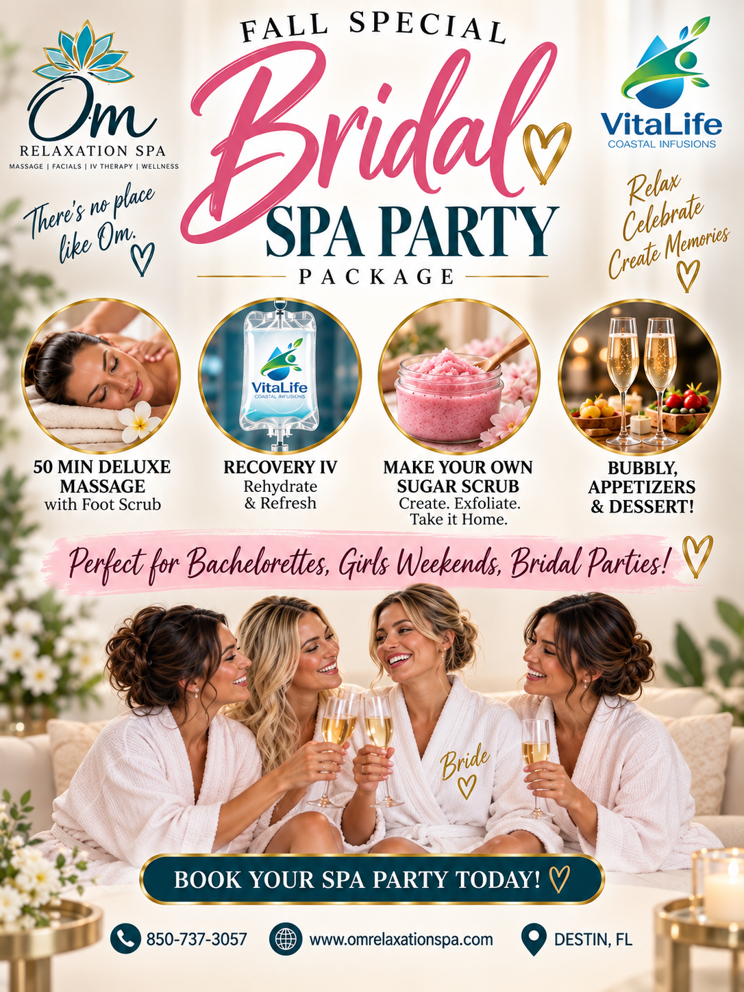 Fall Special Bridal Spa Party Package at Om Relaxation Spa — 50 min deluxe massage, recovery IV, make your own sugar scrub, bubbly, appetizers and dessert. Perfect for bachelorettes, girls weekends, and bridal parties.