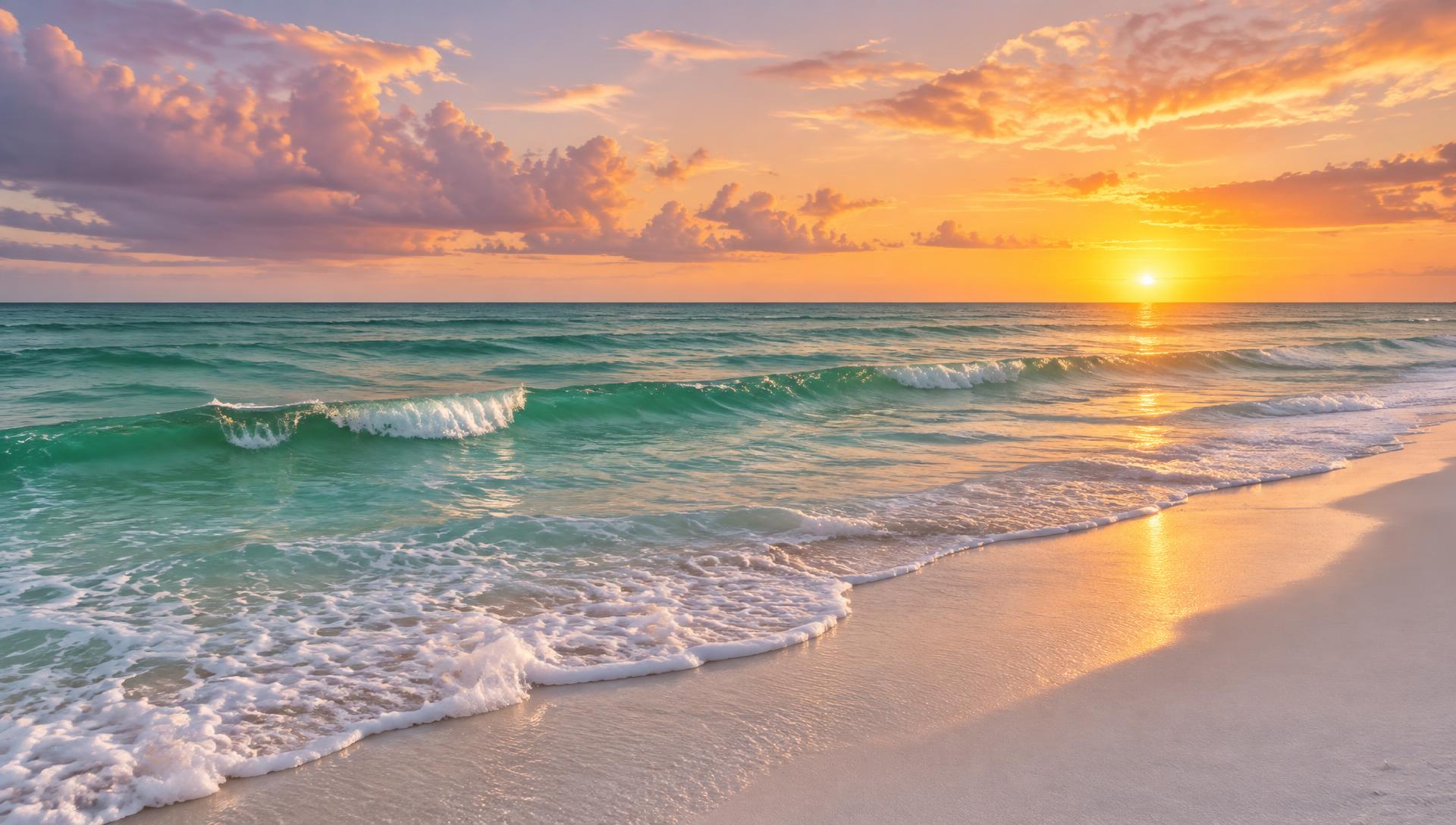 Destin, Florida beach at sunset with emerald water and white sand