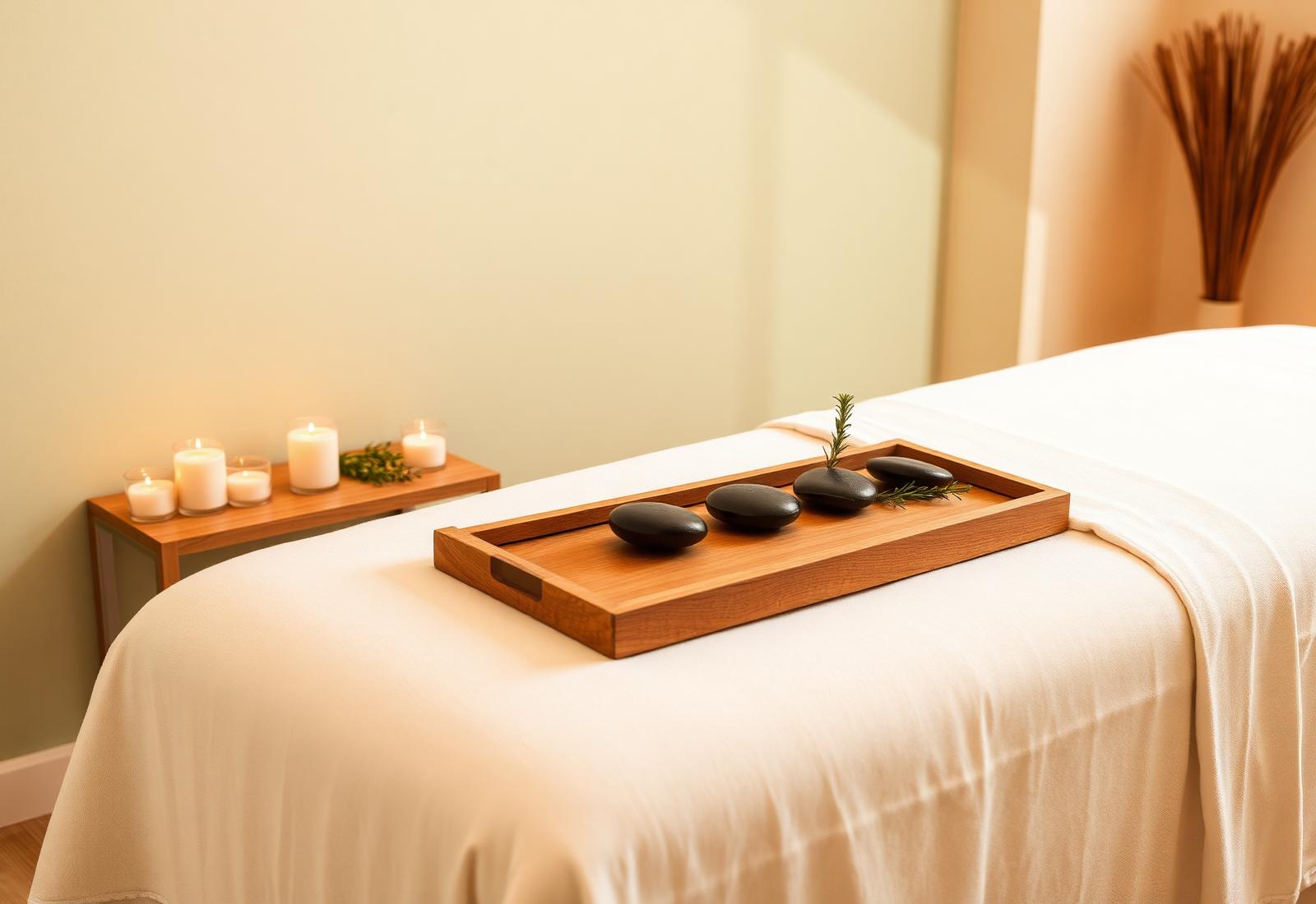 Calm medical massage treatment room with hot stones and candles