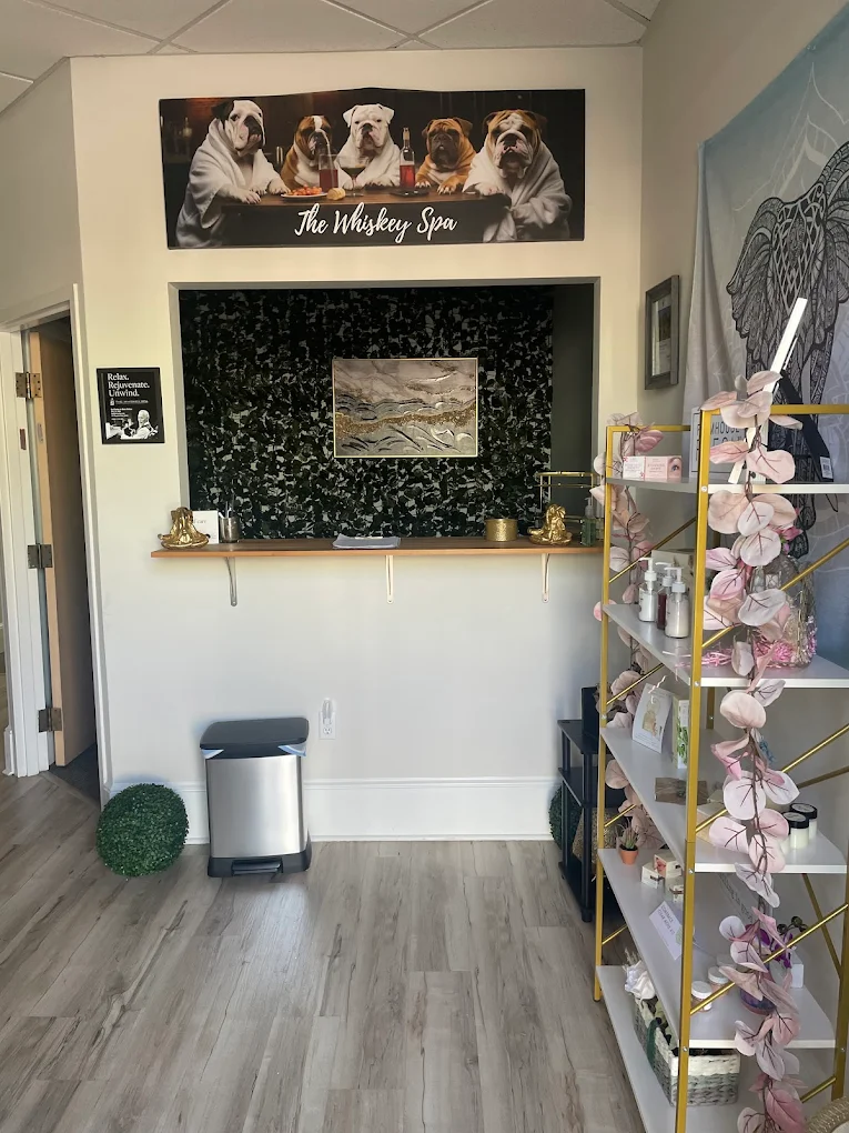 The Whiskey Spa retail nook with skincare shelf